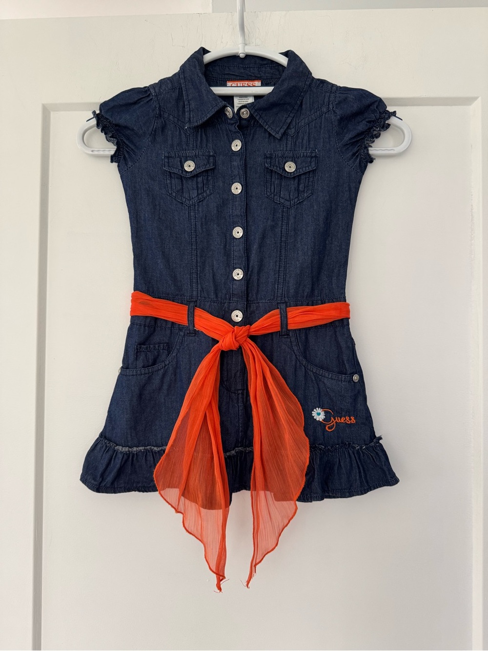 GUESS Denim Button-Front Girl’s Dress with Short Sleeves And Orange Sash. Size 4